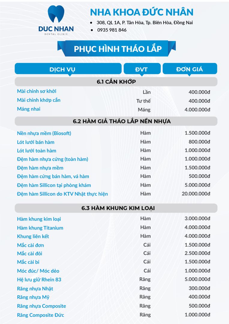 Bảng giá cắn khớp - hàm giả tháo lắp nền nhựa - hàm khung kim loại Biên Hòa - Nha khoa Đức Nhân