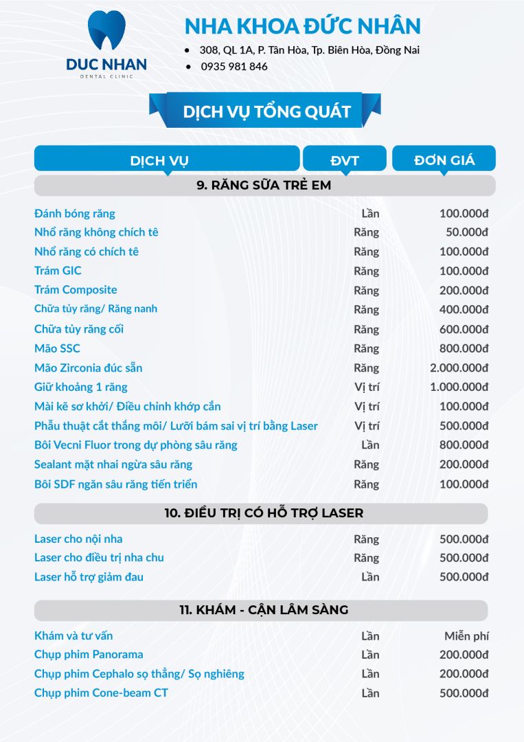 Bảng giá điều trị Răng Sữa Trẻ Em - Điều Trị Tổng Quát Hỗ Trợ Laser - Khám - Cận Lâm Sàng Biên Hòa - Nha khoa Đức Nhân